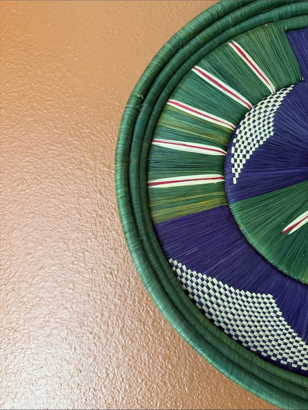 Handwoven Decorative Wall Basket in Green & Purple (14” Diameter)